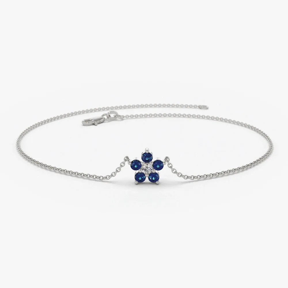 14K Solid Gold Round Sapphire and Diamond Flower Charm Bracelet