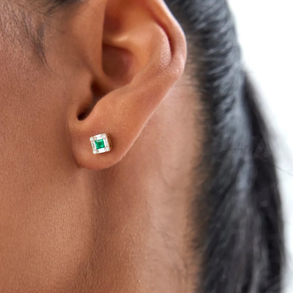 14k Solid Gold Princess Cut Emerald and Diamond Halo Stud Earrings 0.35 ctw