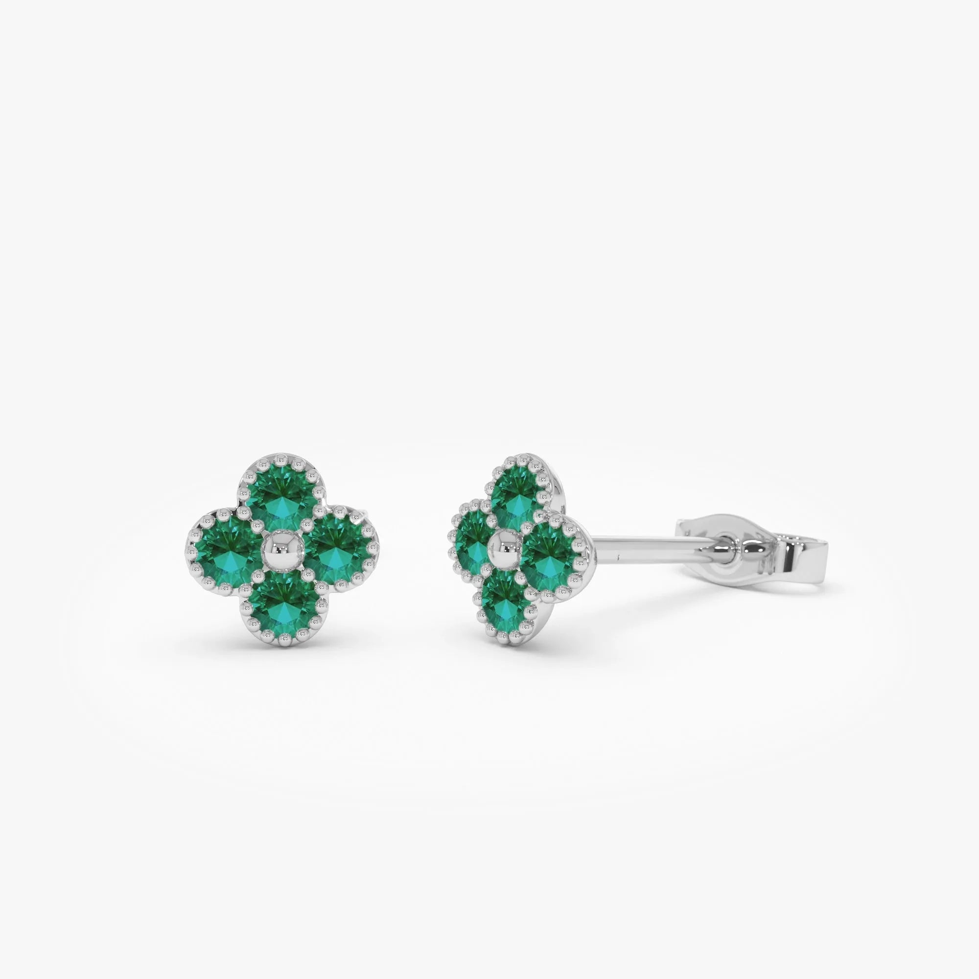 14K Solid Gold Round Emerald Clover Beaded Stud Earrings 0.30 CTW