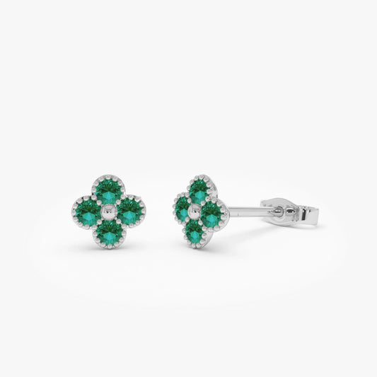 14K Solid Gold Round Emerald Clover Beaded Stud Earrings 0.30 CTW