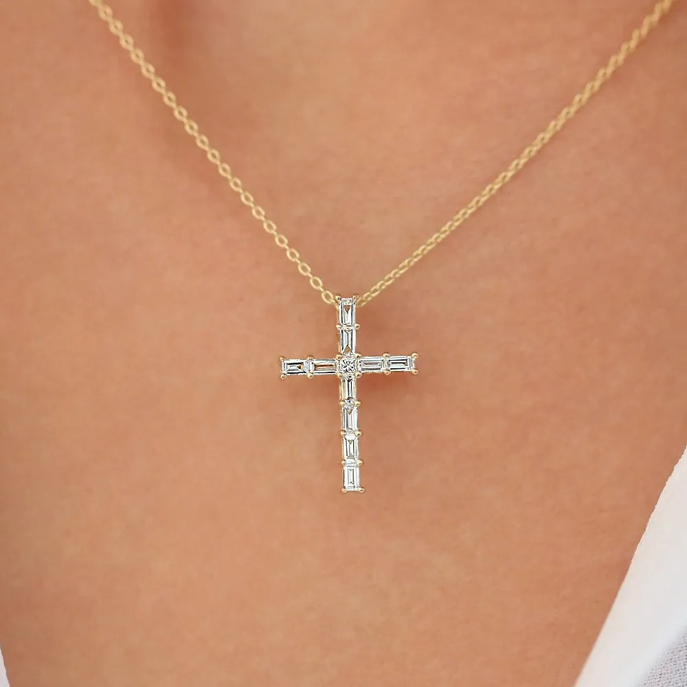 14K Solid Gold Baguette and Princess Cut Diamond Cross Pendant Necklace 0.38ctw
