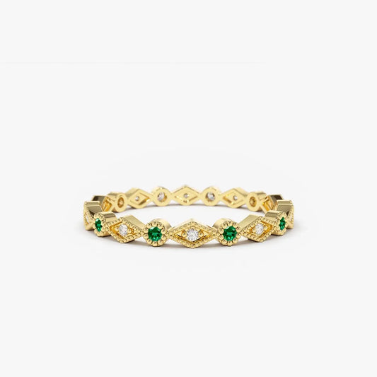 14K Gold Round Emerald and Diamond Geometric Art Deco Wedding Band Ring 0.22 CTW