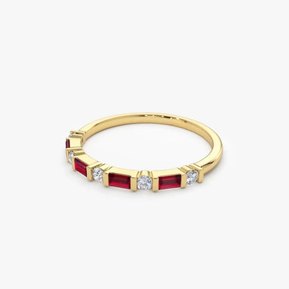 14k Gold Ruby and Diamond Baguette and Round Cut Stackable Wedding Ring Bar Channel Setting 0.63 ctw