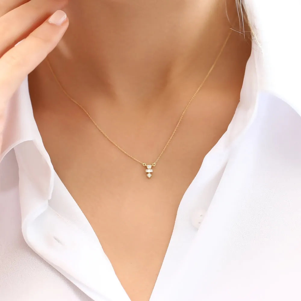 14K Solid Gold Baguette and Round Diamond Necklace Bezel and Channel Setting 0.13ctw