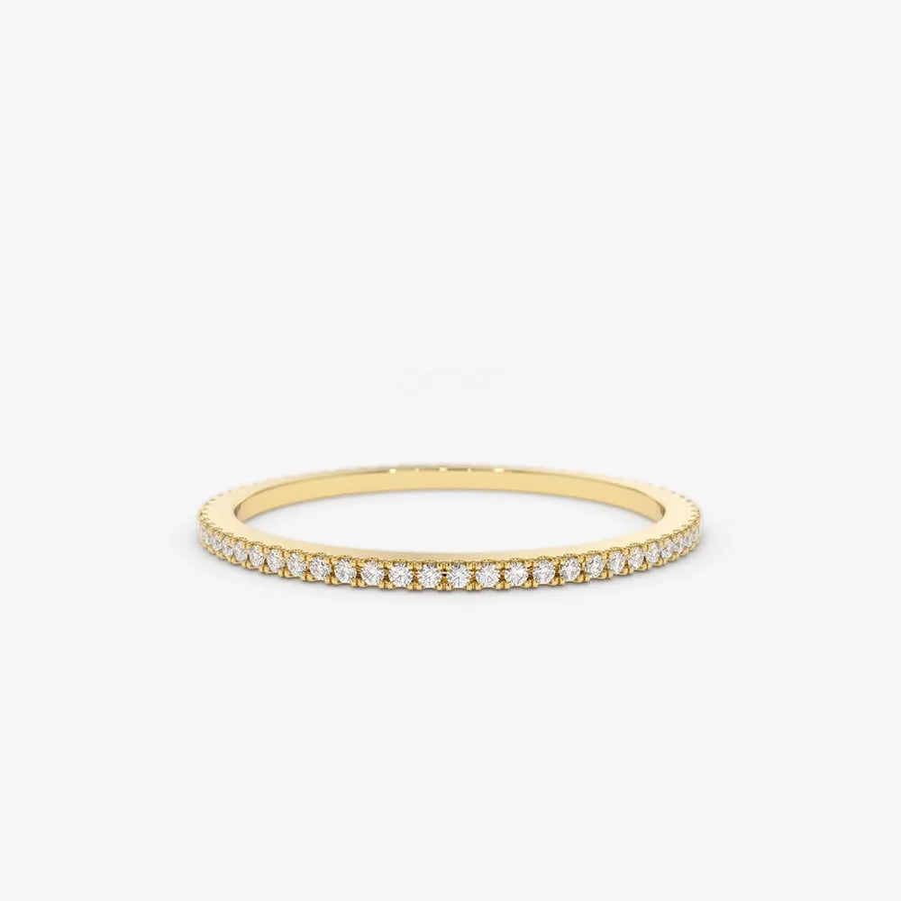14K Gold Round Diamond 1mm Ultra Thin Micro Pave Eternity Wedding Band Stackable