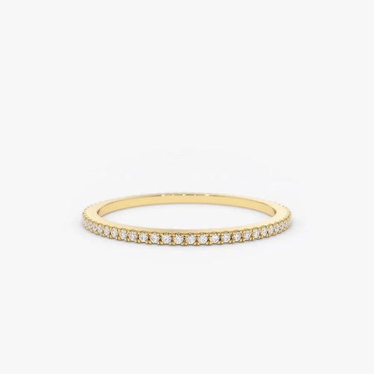 14K Gold Round Diamond 1mm Ultra Thin Micro Pave Eternity Wedding Band Stackable