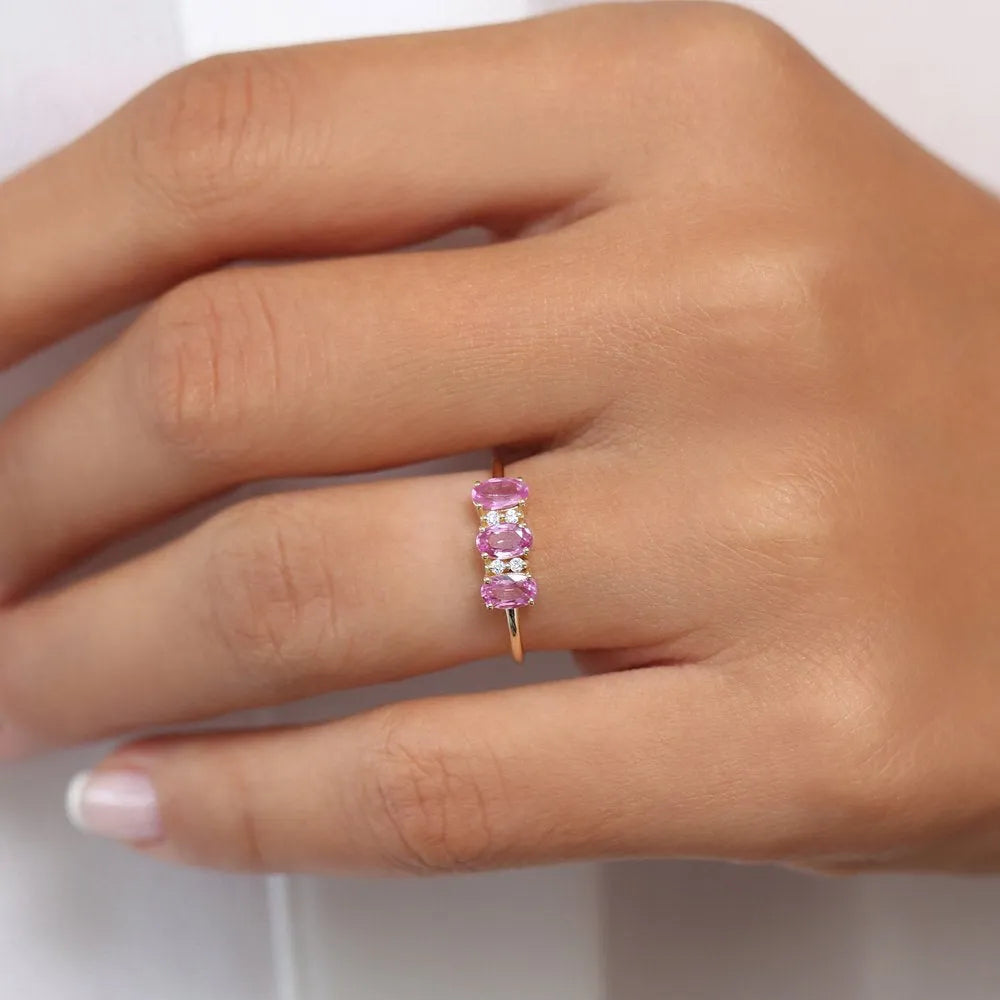 14k Gold Pink Sapphire and Diamond Oval Cut Three Stone Ring Prong Setting 1.05 ctw