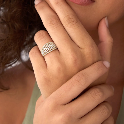 14k Solid Gold Baguette and Round Diamond 0.90 Carat Multi Row Statement Ring