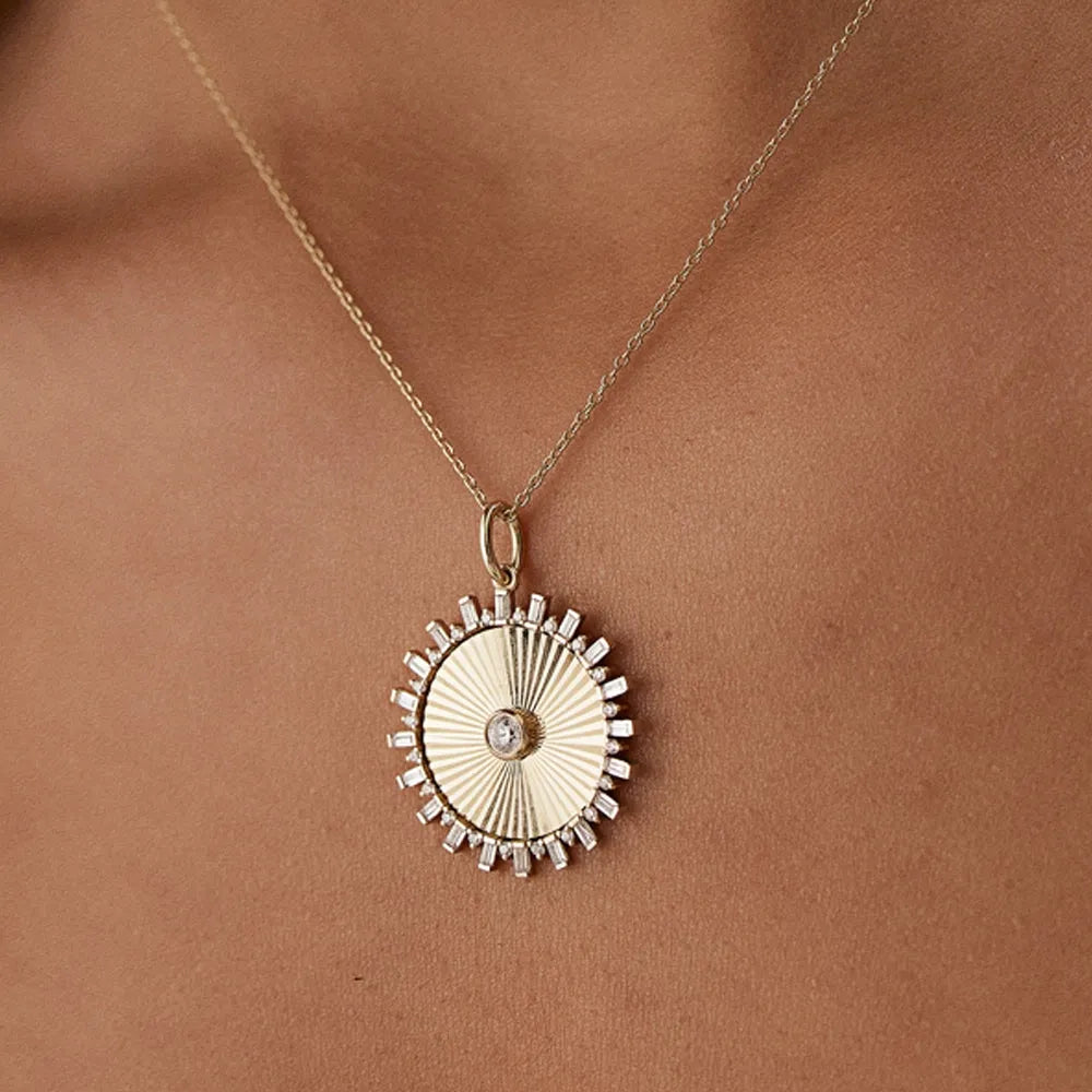 14K Solid Gold Baguette and Round Diamond Disc Ray Pendant Necklace 0.55ctw