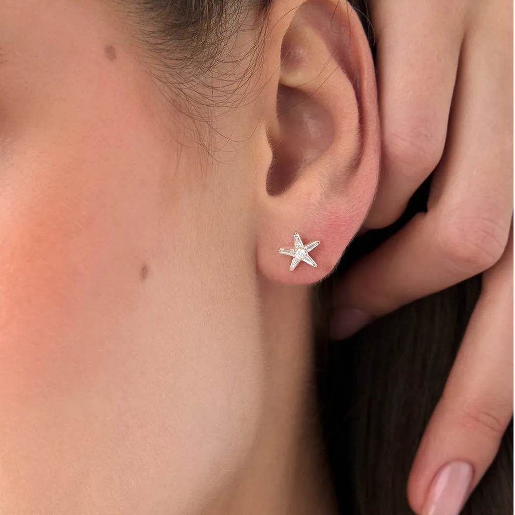 14k Gold Diamond Baguette and Round Cut Star Stud Earrings 0.45 ctw