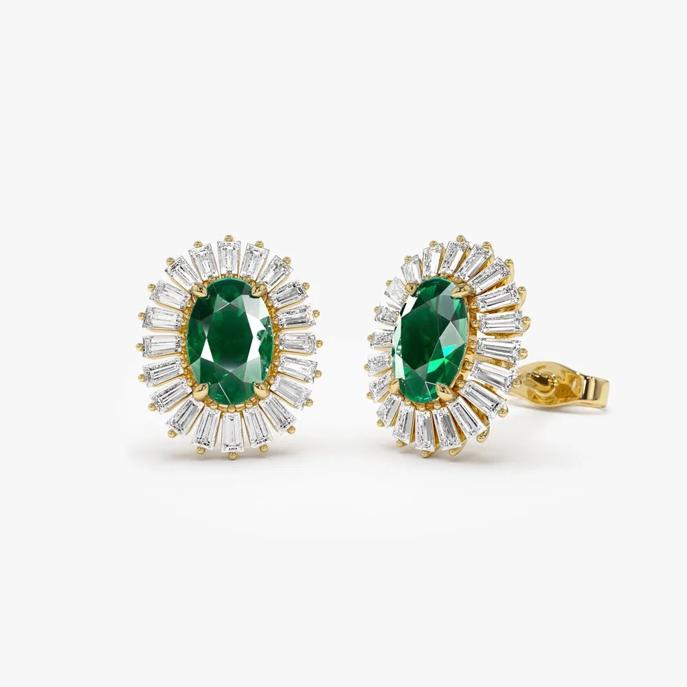 14k Solid Gold Oval Emerald and Baguette Diamond Ballerina Stud Earrings 1.30 ctw