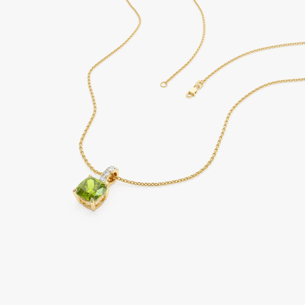 14k Solid Gold Peridot and Diamond Cushion Cut Pendant Necklace 1.02 Carat
