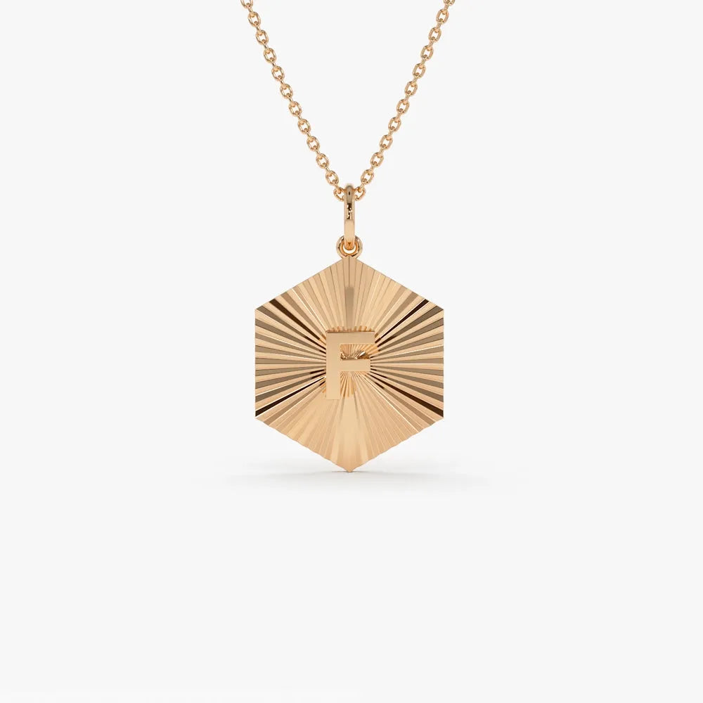 14k Solid Gold Sparkle Hexagon Disc Initial Pendant Necklace
