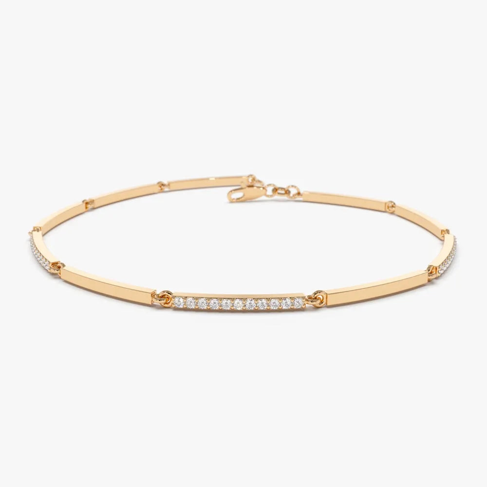 14K Solid Gold Round Diamond Bar Bracelet Micro Pave 0.30 Carat