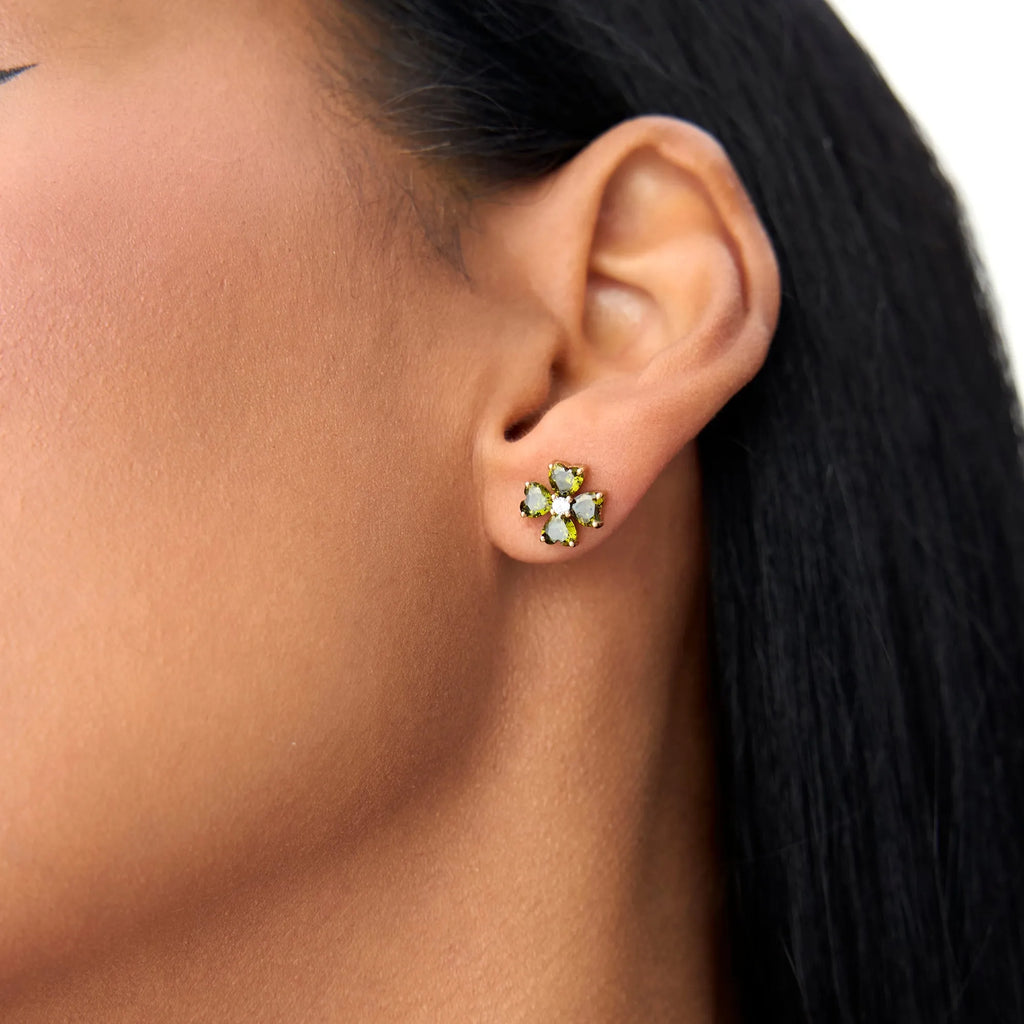 14K Solid Gold Heart Shaped Peridot and Diamond Four Leaf Clover Stud Earrings