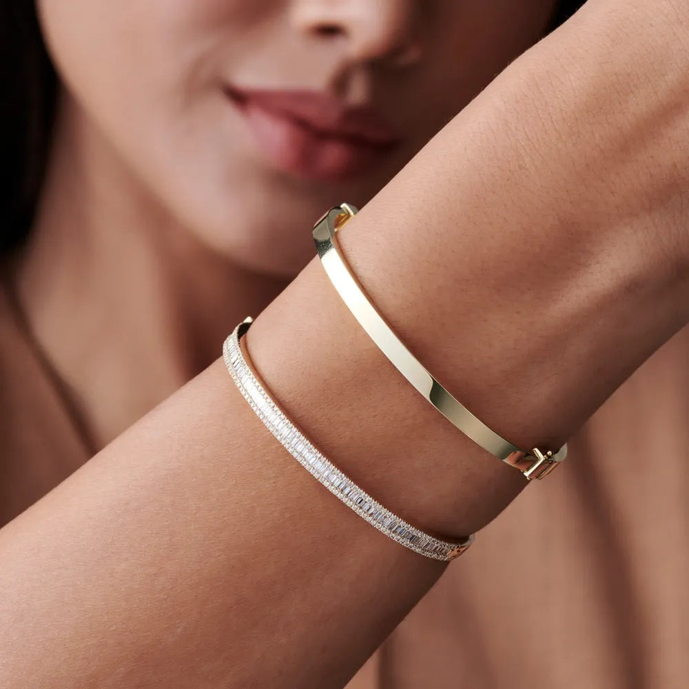 14K Solid Gold 1.63 CTW Baguette and Round Diamond Half Eternity Bangle