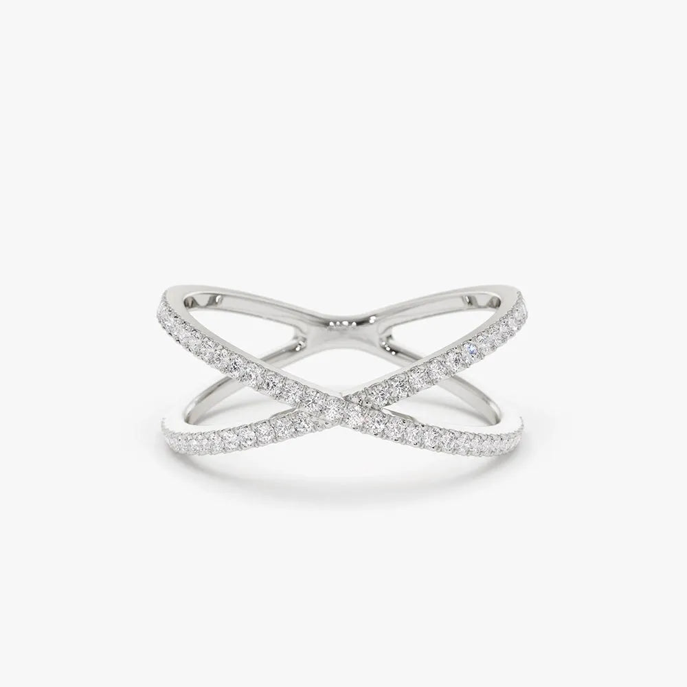14K Gold Round Diamond Micro Pave Criss Cross Ring