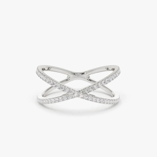 14K Gold Round Diamond Micro Pave Criss Cross Ring