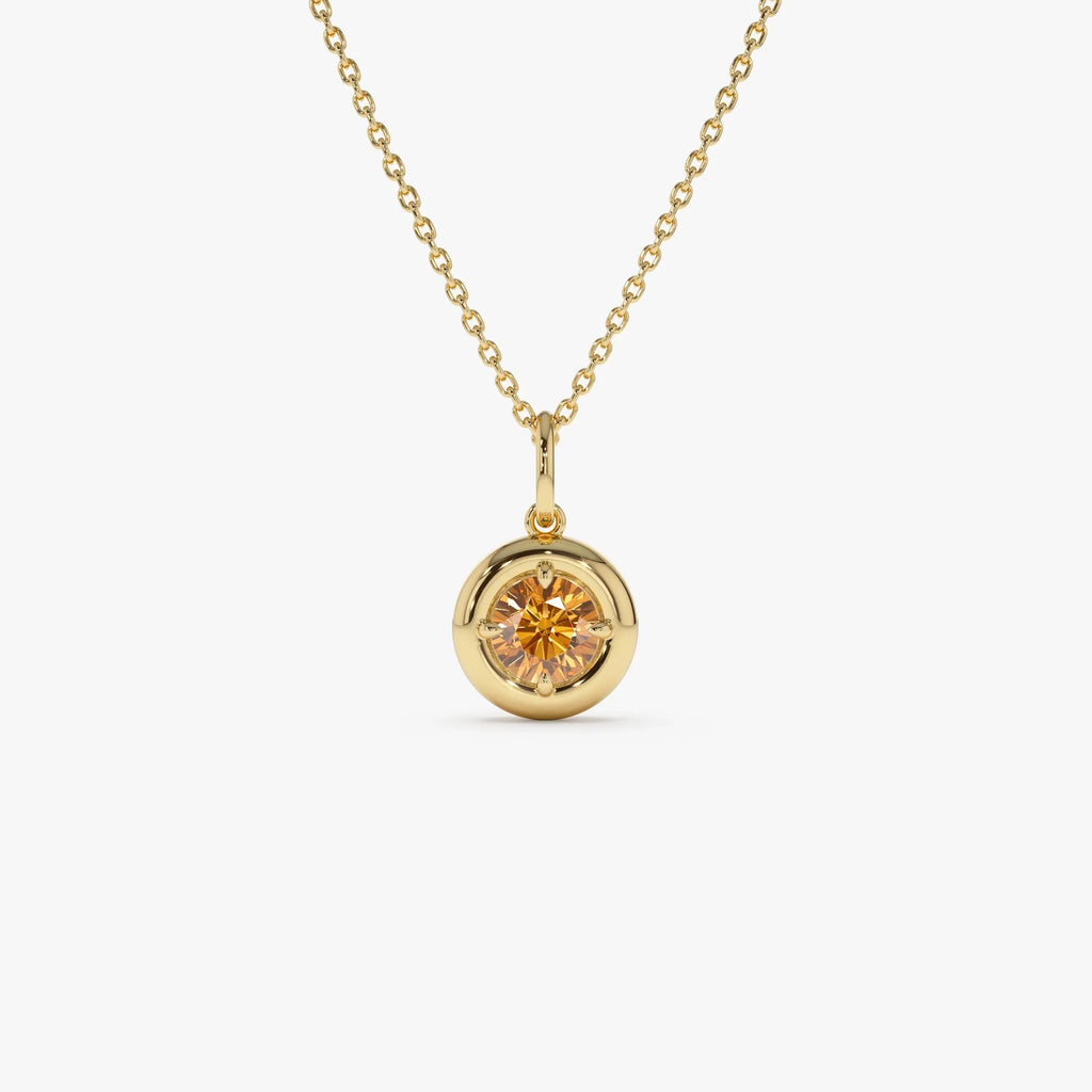 14k Solid Gold Round Citrine Charm Necklace 0.50 Carat Prong Setting