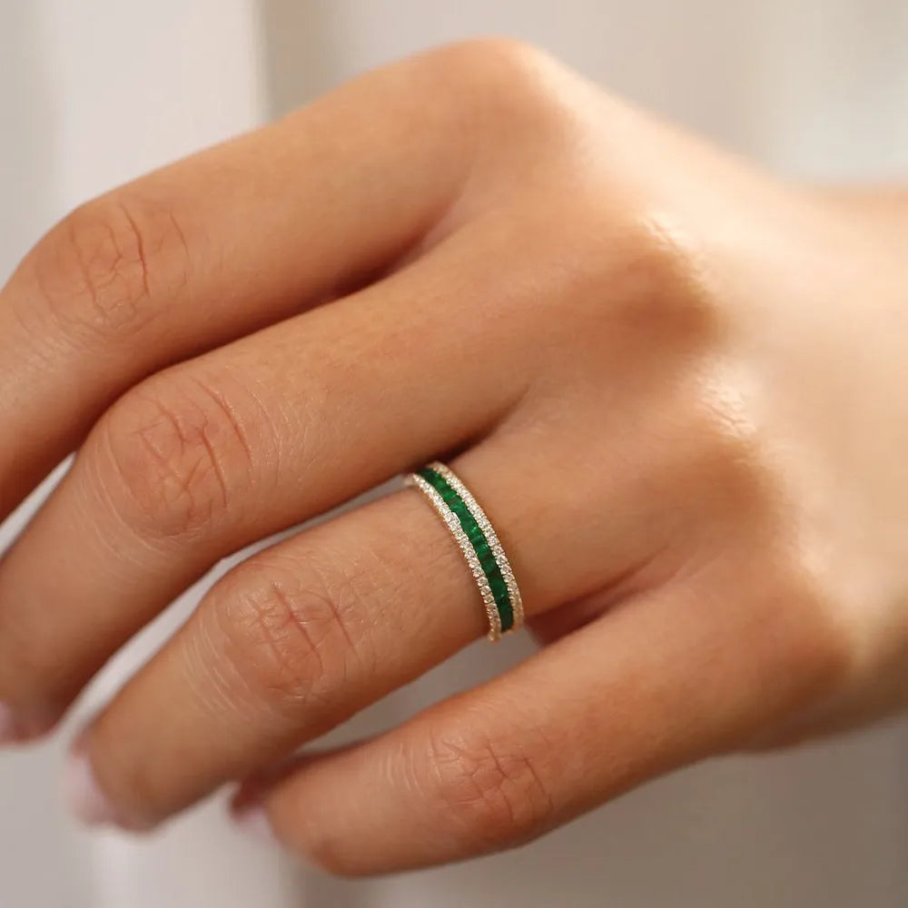 14K Gold Square Emerald and Round Diamond Half Eternity Band Ring 1.01 CTW