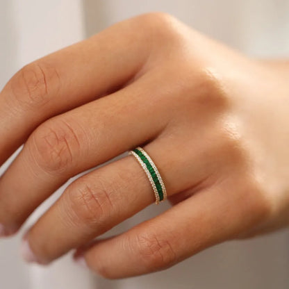 14K Gold Square Emerald and Round Diamond Half Eternity Band Ring 1.01 CTW