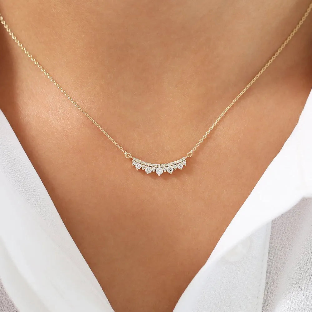 14K Solid Gold Round Diamond Curved Bar Necklace Micro Pave 0.39ctw