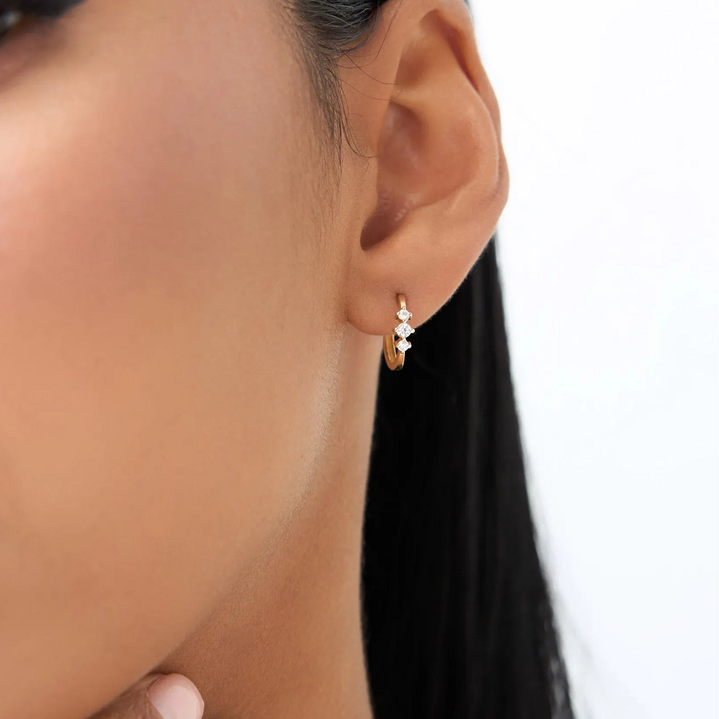 14k Gold Diamond Round Cut Three Stone Mini Huggie Earrings 0.23 ctw