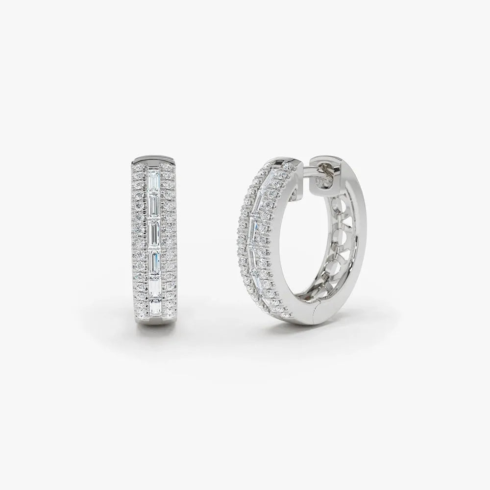 14k Gold Diamond Baguette and Round Cut Pave Hoop Earrings 0.50 ctw