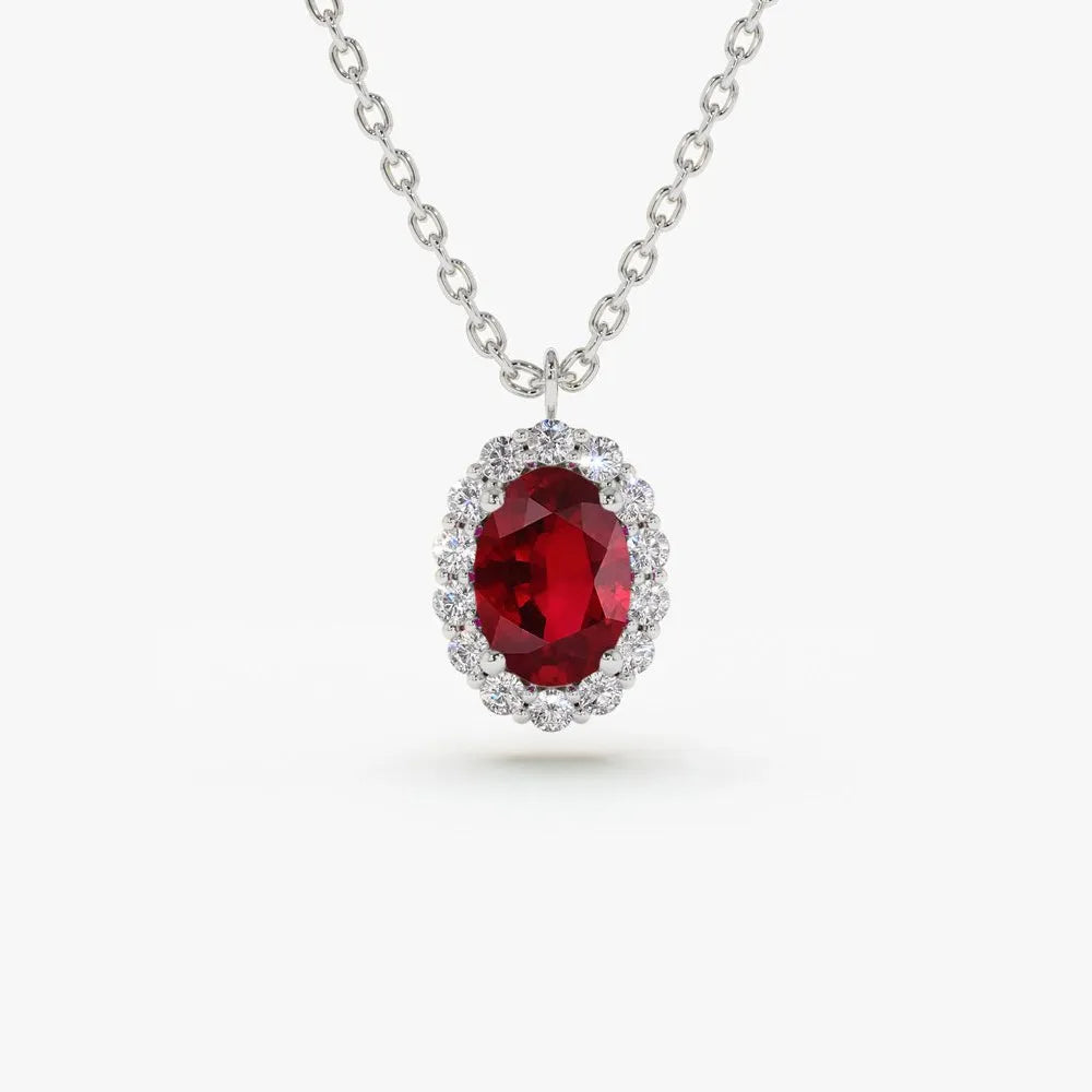 14k Solid Gold Ruby and Diamond Oval Halo Necklace 0.70 Carat Prong Setting