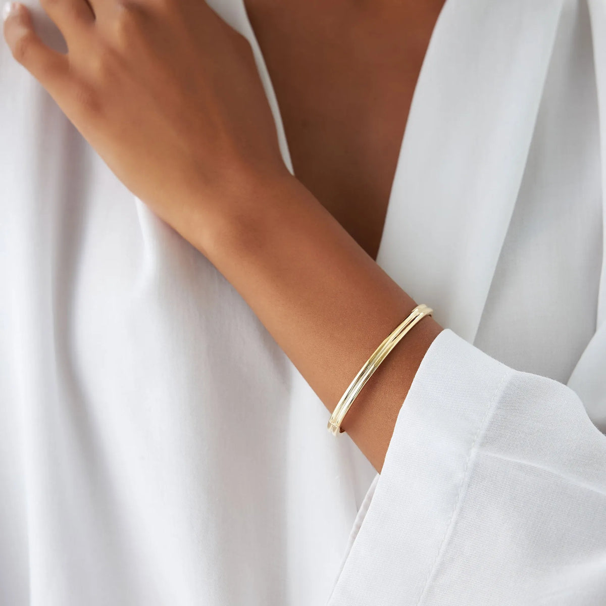 14K Solid Gold Wide Double Row Dome Bangle Bracelet
