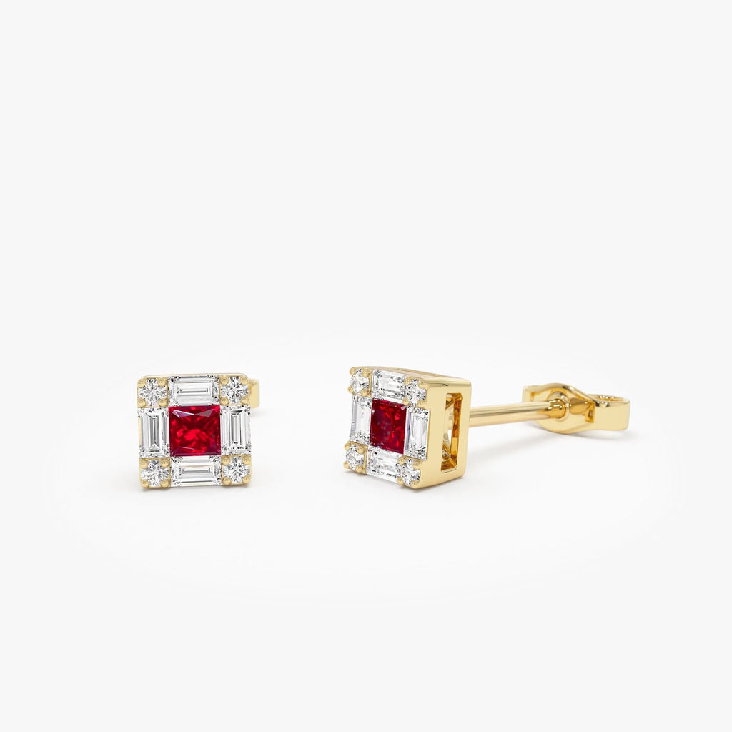 14k Gold Ruby and Diamond Princess Cut Halo Stud Earrings 0.37 ctw