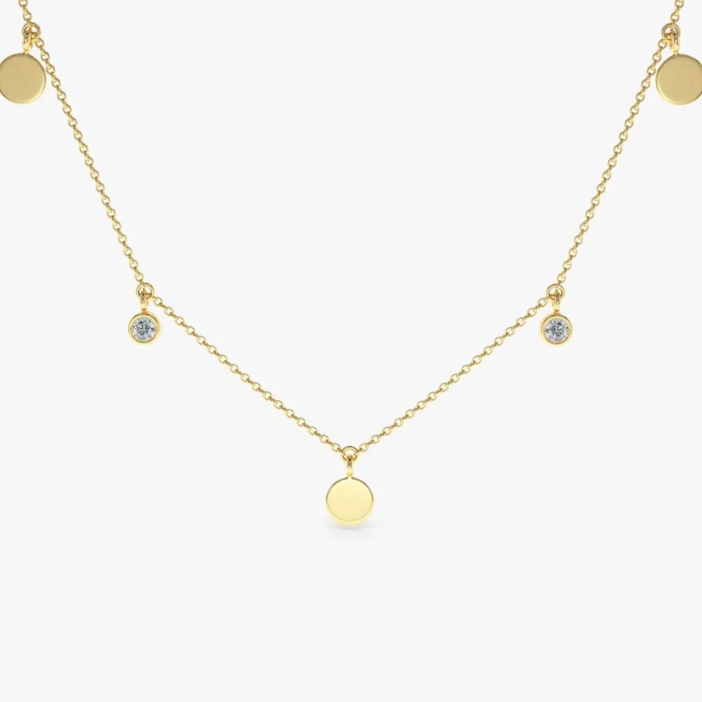 14K Solid Gold Round Diamond Bezel Set Dangling Disc Necklace 0.08ctw