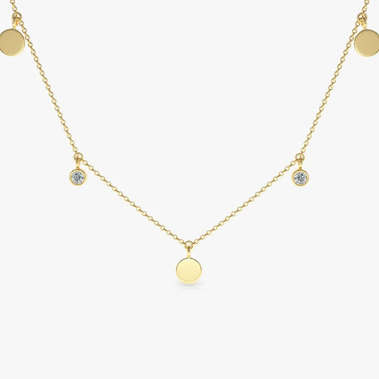 14K Solid Gold Round Diamond Bezel Set Dangling Disc Necklace 0.08ctw