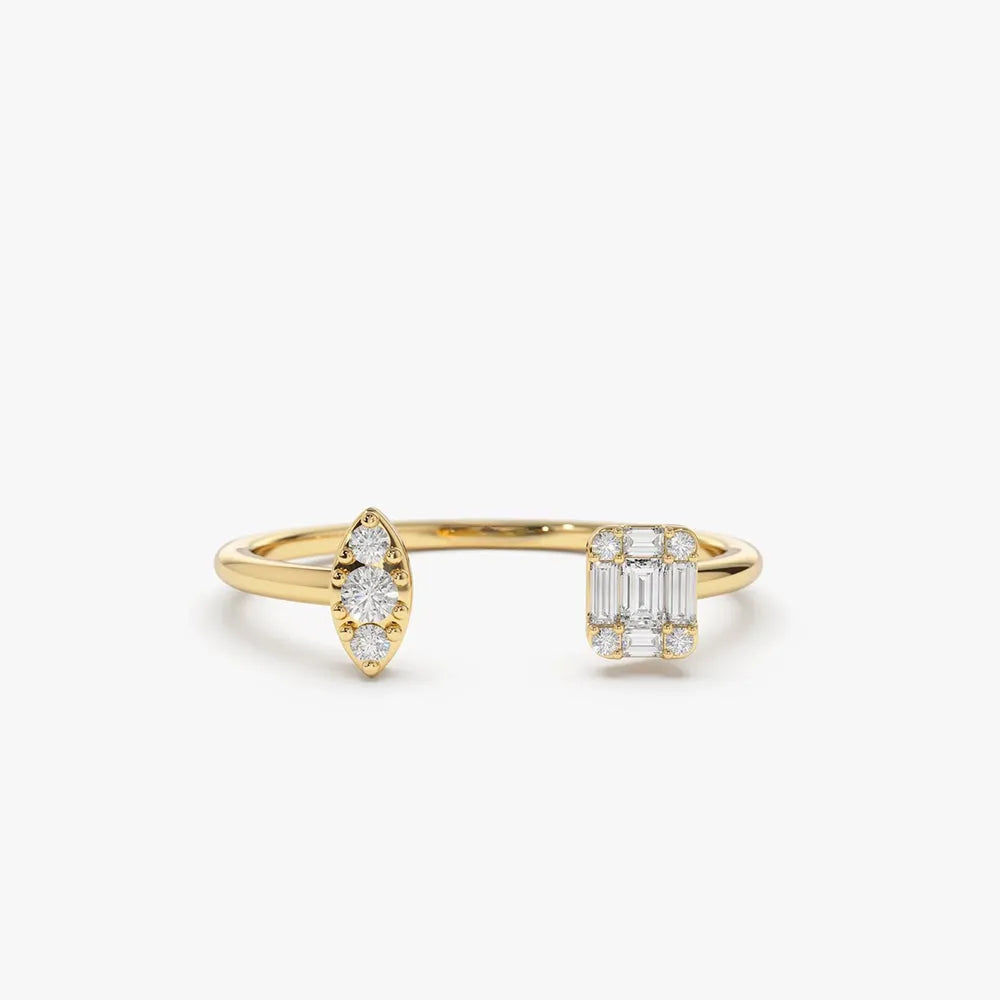 14K Gold 0.15 ctw Diamond Baguette Round and Marquise Open Cuff Ring