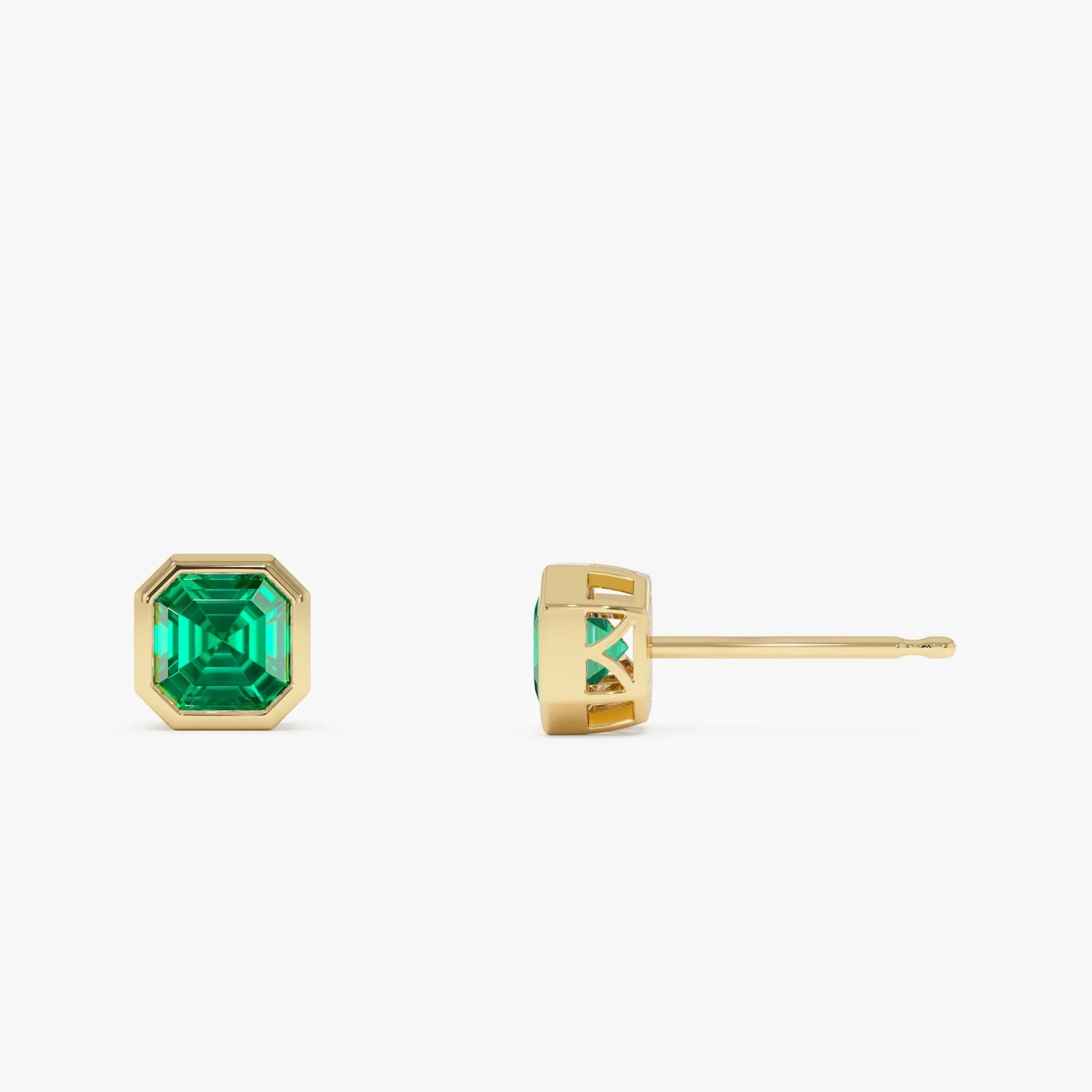 14k Gold Lab Grown Colombian Emerald Asscher Cut Bezel Setting Stud Earrings 2.30 ctw