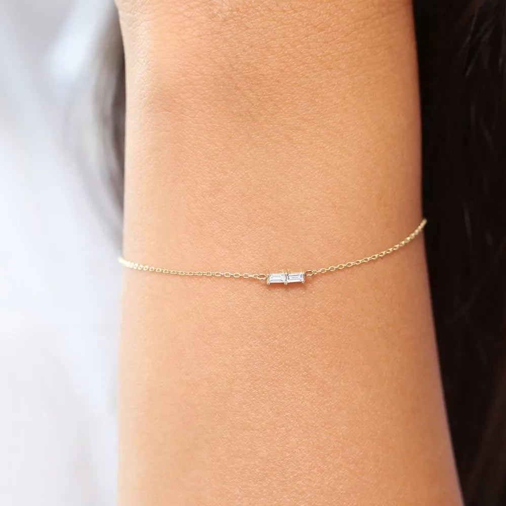 14K Solid Gold Baguette Diamond Double Stone Chain Bracelet Prong Setting 0.12 Carat