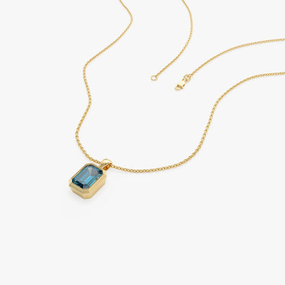 14k Solid Gold London Blue Topaz Emerald Cut Vertical Pendant 1.2 Carat Bezel Setting