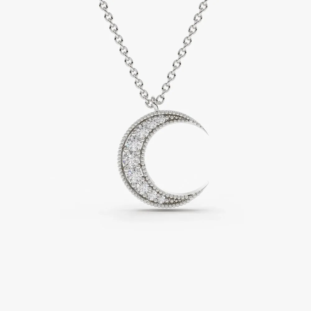 14K Solid Gold Round Diamond Micro Pave Mini Crescent Moon Necklace 0.12cttw