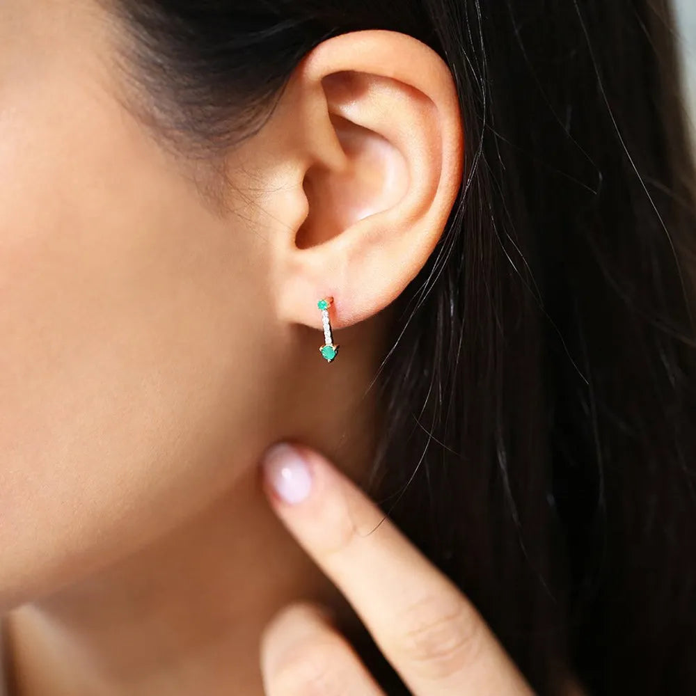 14K Gold Round Emerald and Diamond Micro Pave Prong Drop Earrings 0.24ctw