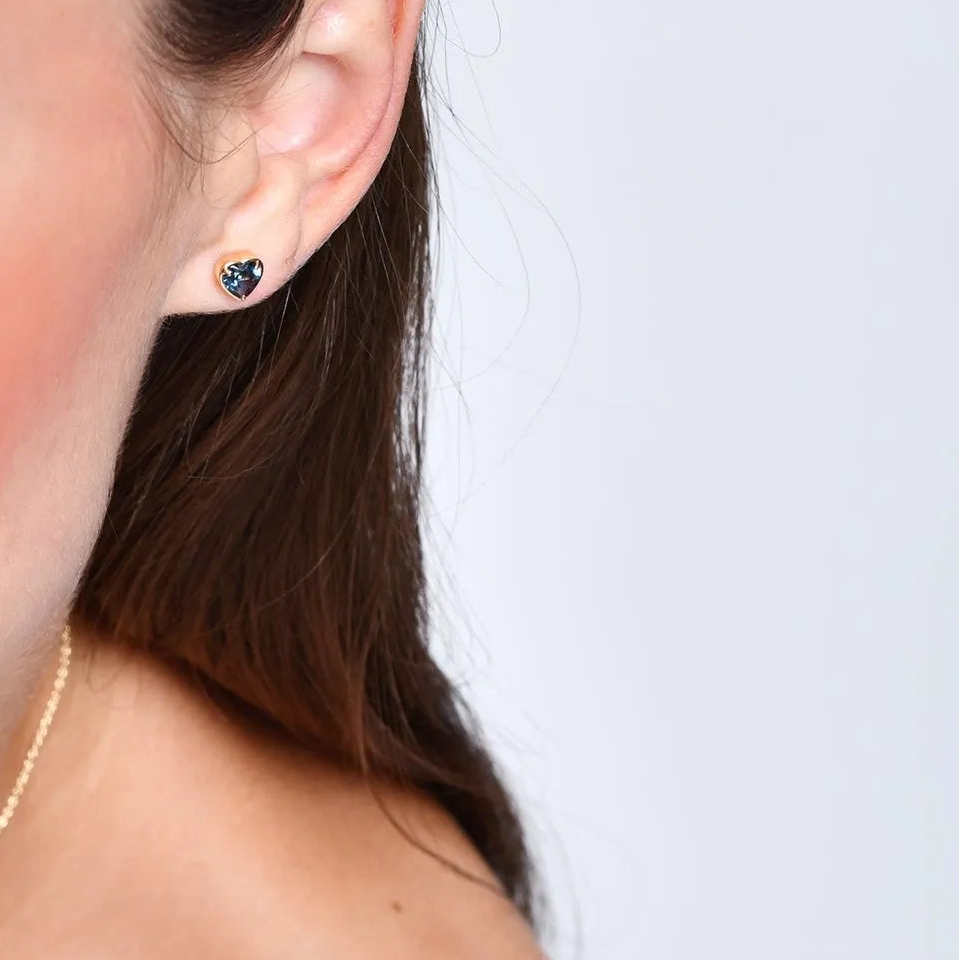 14K Solid Gold Heart Shaped London Blue Topaz Stud Earrings 1.00ctw