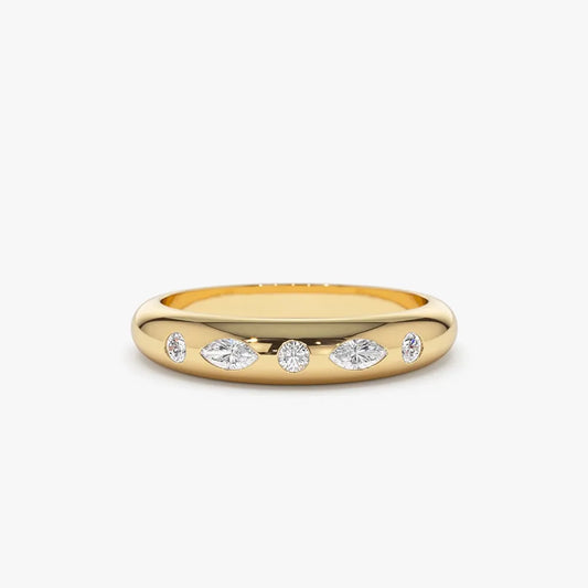 14k Gold Diamond Marquise and Round Dome Flush Setting Ring 0.22 ctw