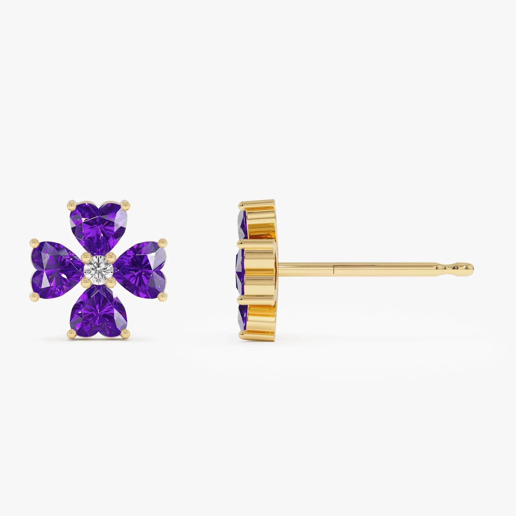 14K Solid Gold Heart Shaped Amethyst and Diamond Four Leaf Clover Stud Earrings