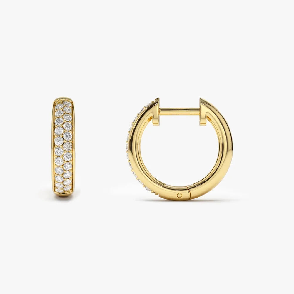 14k Gold Diamond Round Cut Double Row Micro Pave Petite Hoop Earrings 0.38 ctw