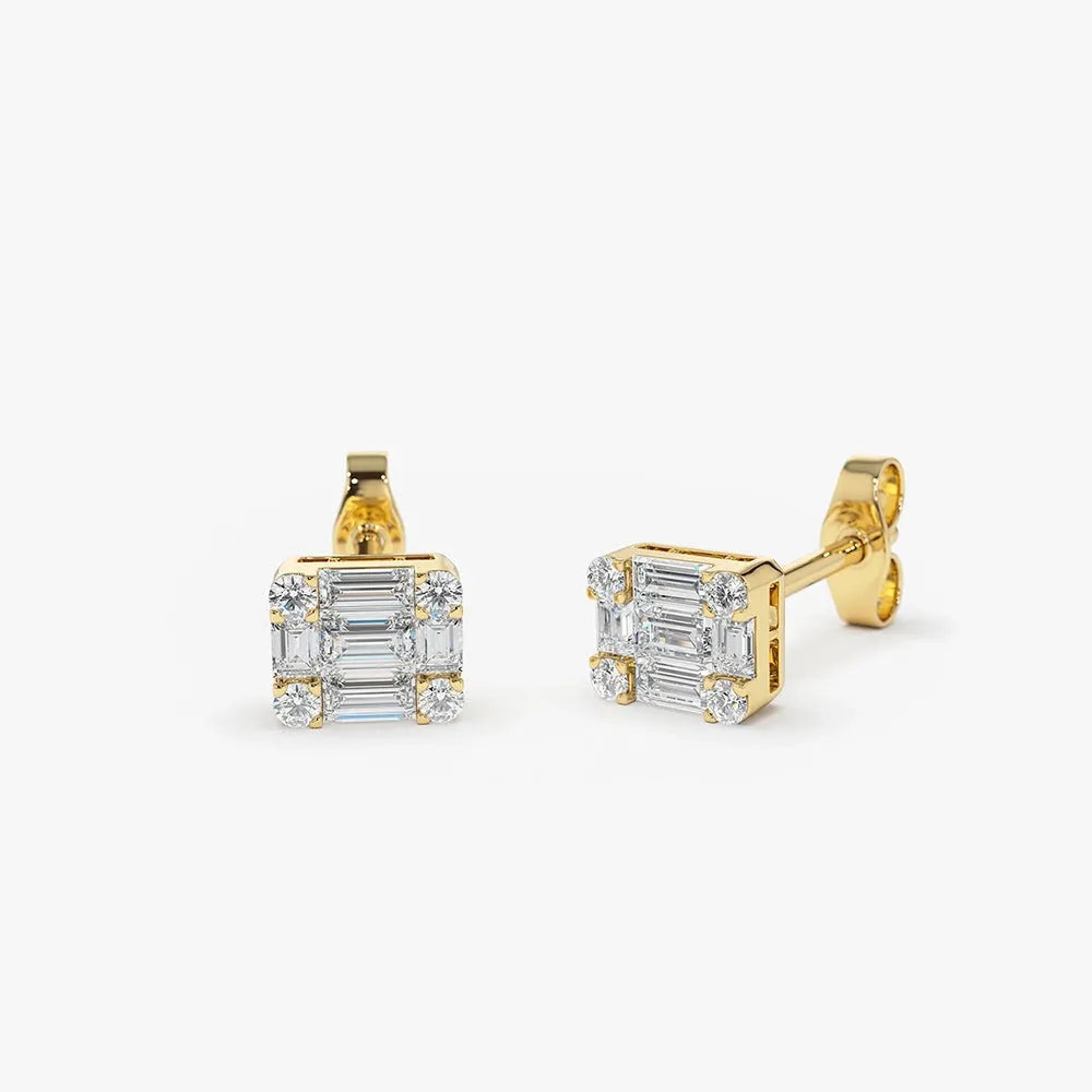 14k Gold Diamond Illusion Baguette Cut Mini Stud Earrings 0.20 ctw