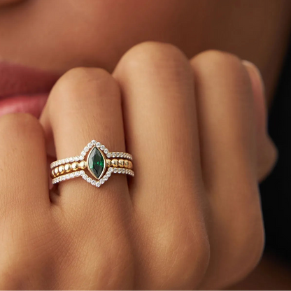 14K Solid Gold Marquise Emerald and Round Diamond Nesting Band Ring 0.70 CTW