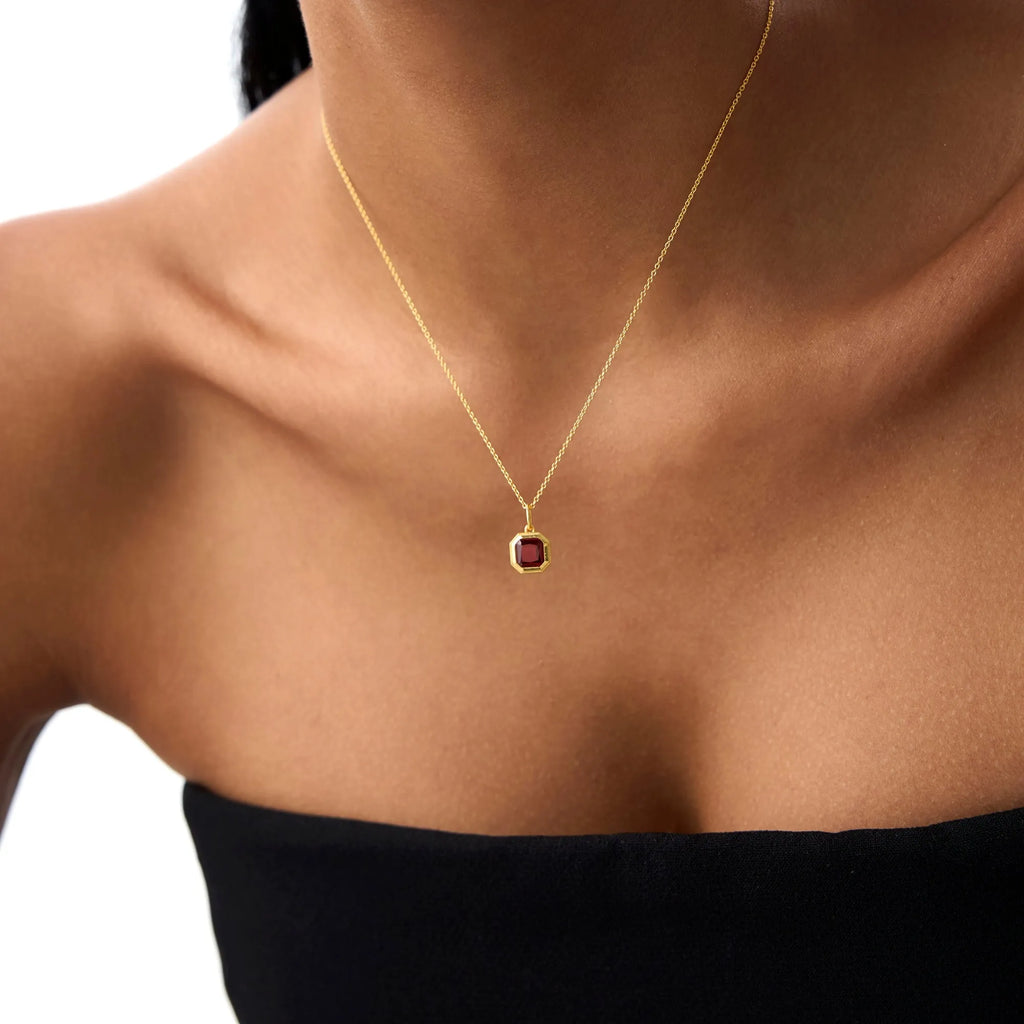 14k Solid Gold Garnet Asscher Cut Necklace 1.35 Carat Bezel Setting