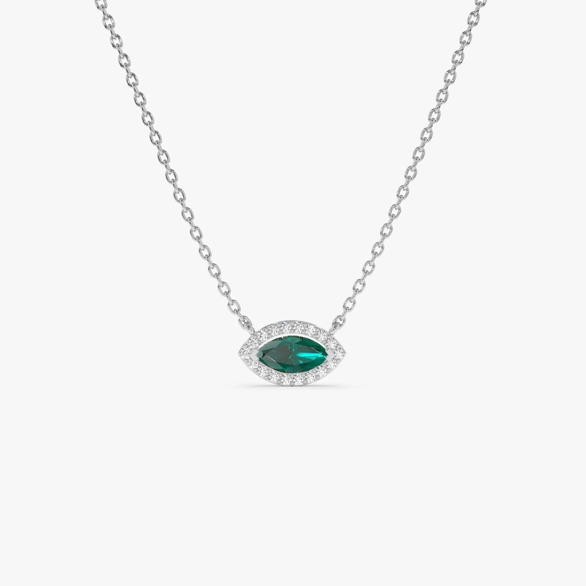 14k Solid Gold Marquise Emerald and Round Diamond 0.30 CTW Halo Pendant Necklace Prong Setting