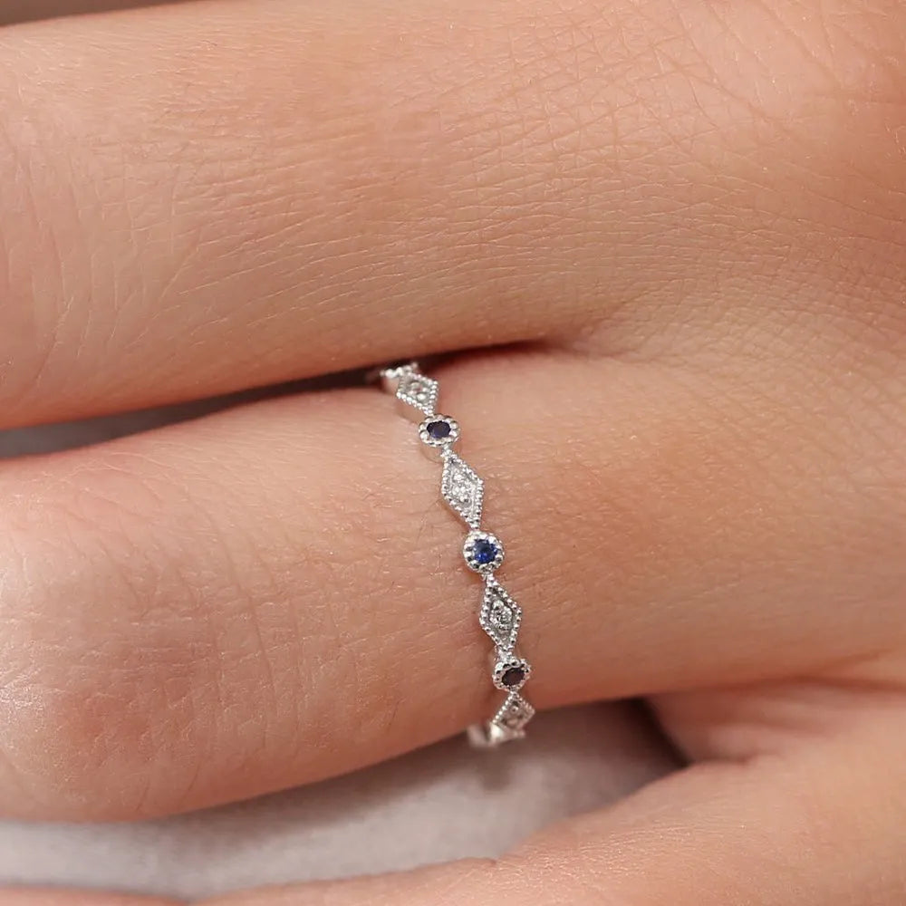 14k Gold Sapphire and Diamond Round Cut Art Deco Geometric Wedding Band Bezel Setting 0.20 ctw