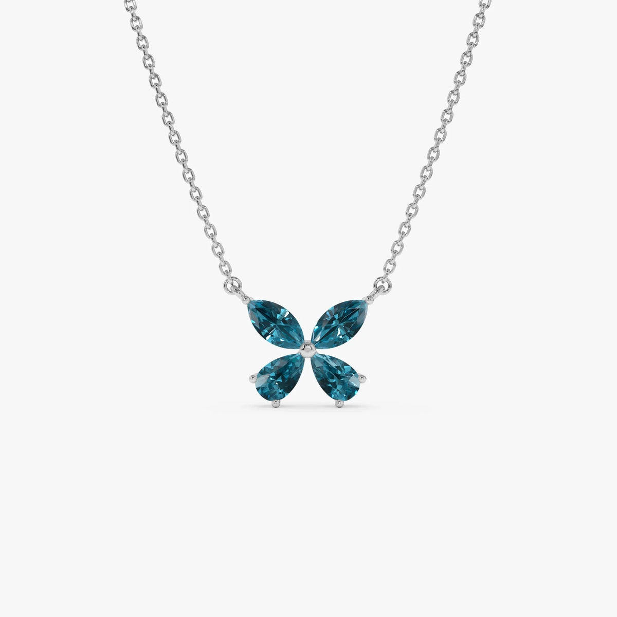 14k Solid Gold London Blue Topaz Pear and Marquise Butterfly Necklace 1.21 Carat