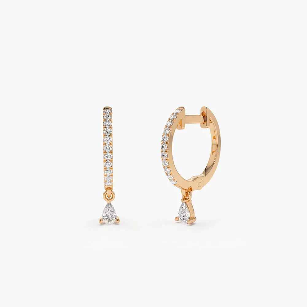 14k Gold Diamond Pear and Round Cut Dangling Huggie Earrings Prong Micro Pave 0.29 ctw